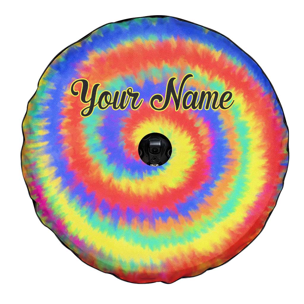 Colorful Tie Dye Spiral Goft Spare Tire Cover Custom Name in Retro Psychedelic Style Design - Wonder Print Shop