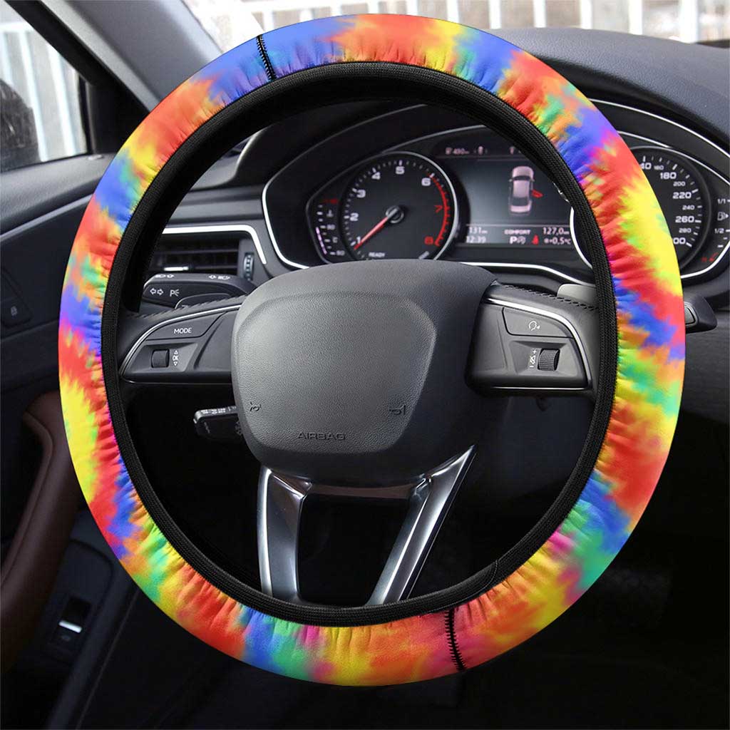 Colorful Tie Dye Spiral Goft Steering Wheel Cover Name in Retro Psychedelic Style Design - Wonder Print Shop