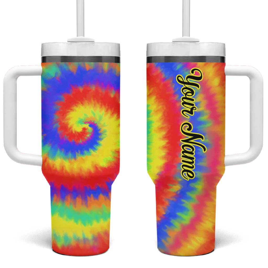 Colorful Tie Dye Spiral Goft Tumbler With Handle Custom Name in Retro Psychedelic Style Design - Wonder Print Shop