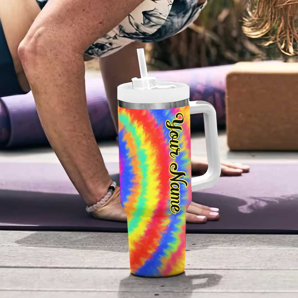 Colorful Tie Dye Spiral Goft Tumbler With Handle Custom Name in Retro Psychedelic Style Design - Wonder Print Shop