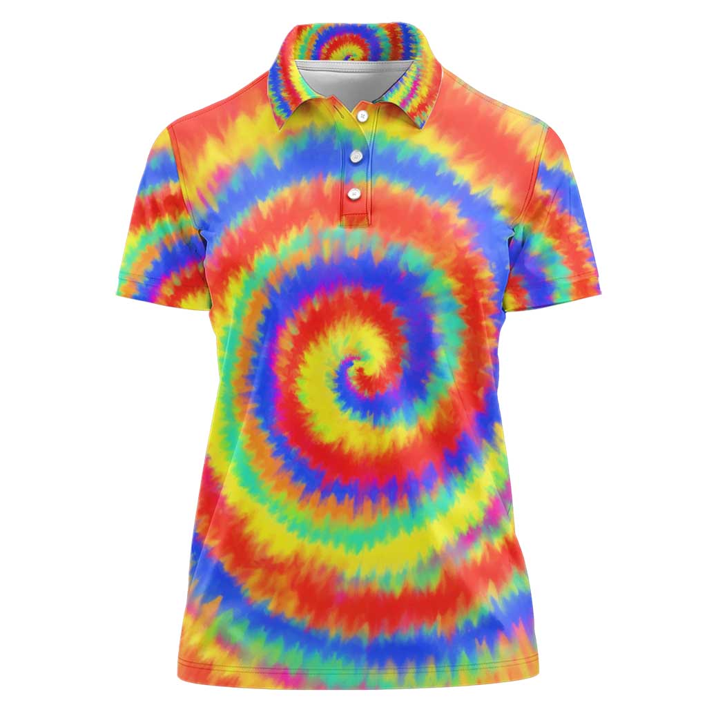 Colorful Tie Dye Spiral Goft Women Polo Shirt Custom Name in Retro Psychedelic Style Design - Wonder Print Shop