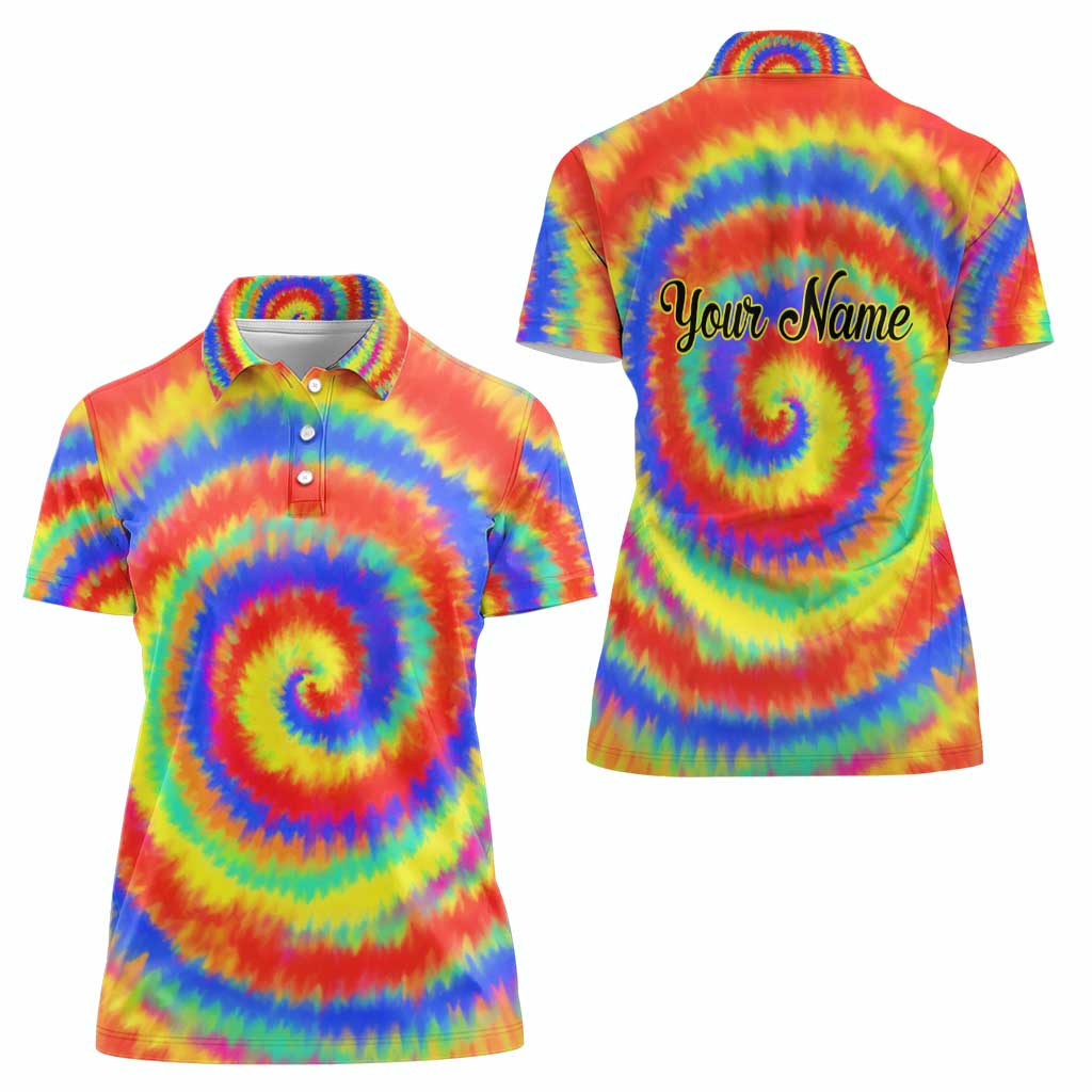 Colorful Tie Dye Spiral Goft Women Polo Shirt Custom Name in Retro Psychedelic Style Design - Wonder Print Shop