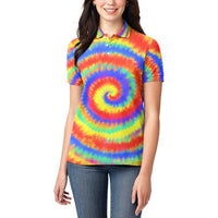 Colorful Tie Dye Spiral Goft Women Polo Shirt Custom Name in Retro Psychedelic Style Design - Wonder Print Shop