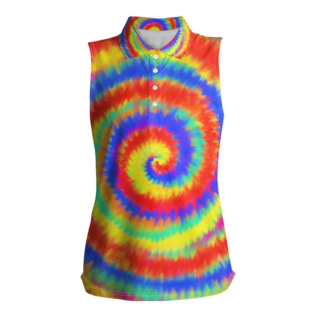 Colorful Tie Dye Spiral Goft Women Sleeveless Polo Shirt Custom Name in Retro Psychedelic Style Design - Wonder Print Shop