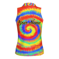 Colorful Tie Dye Spiral Goft Women Sleeveless Polo Shirt Custom Name in Retro Psychedelic Style Design - Wonder Print Shop