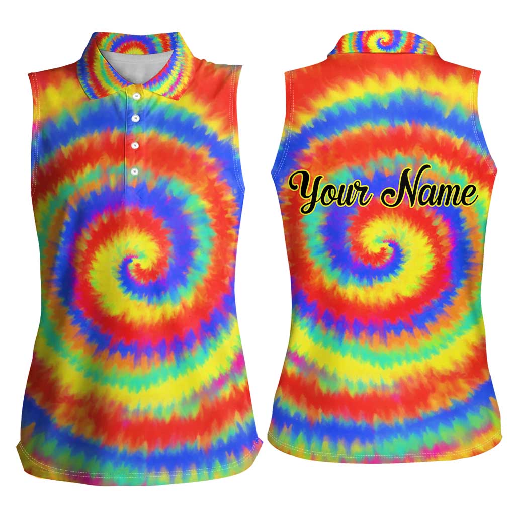 Colorful Tie Dye Spiral Goft Women Sleeveless Polo Shirt Custom Name in Retro Psychedelic Style Design - Wonder Print Shop