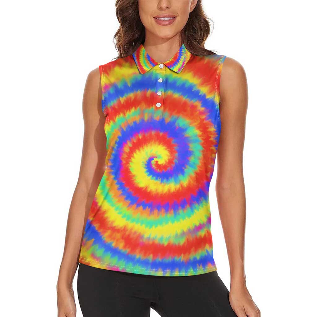 Colorful Tie Dye Spiral Goft Women Sleeveless Polo Shirt Custom Name in Retro Psychedelic Style Design - Wonder Print Shop