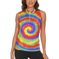 Colorful Tie Dye Spiral Goft Women Sleeveless Polo Shirt Custom Name in Retro Psychedelic Style Design - Wonder Print Shop