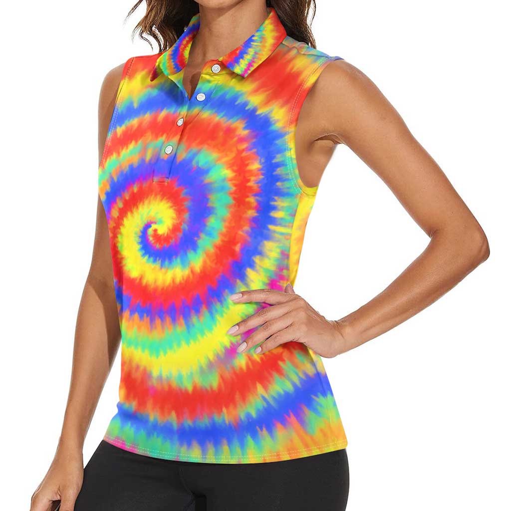 Colorful Tie Dye Spiral Goft Women Sleeveless Polo Shirt Custom Name in Retro Psychedelic Style Design - Wonder Print Shop