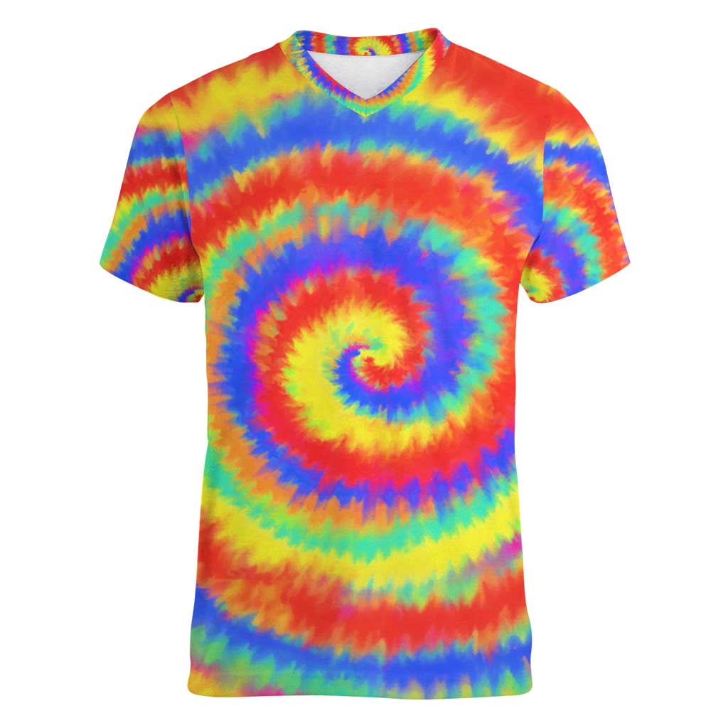 Colorful Tie Dye Spiral Goft Women V-Neck T-Shirt Custom Name in Retro Psychedelic Style Design - Wonder Print Shop