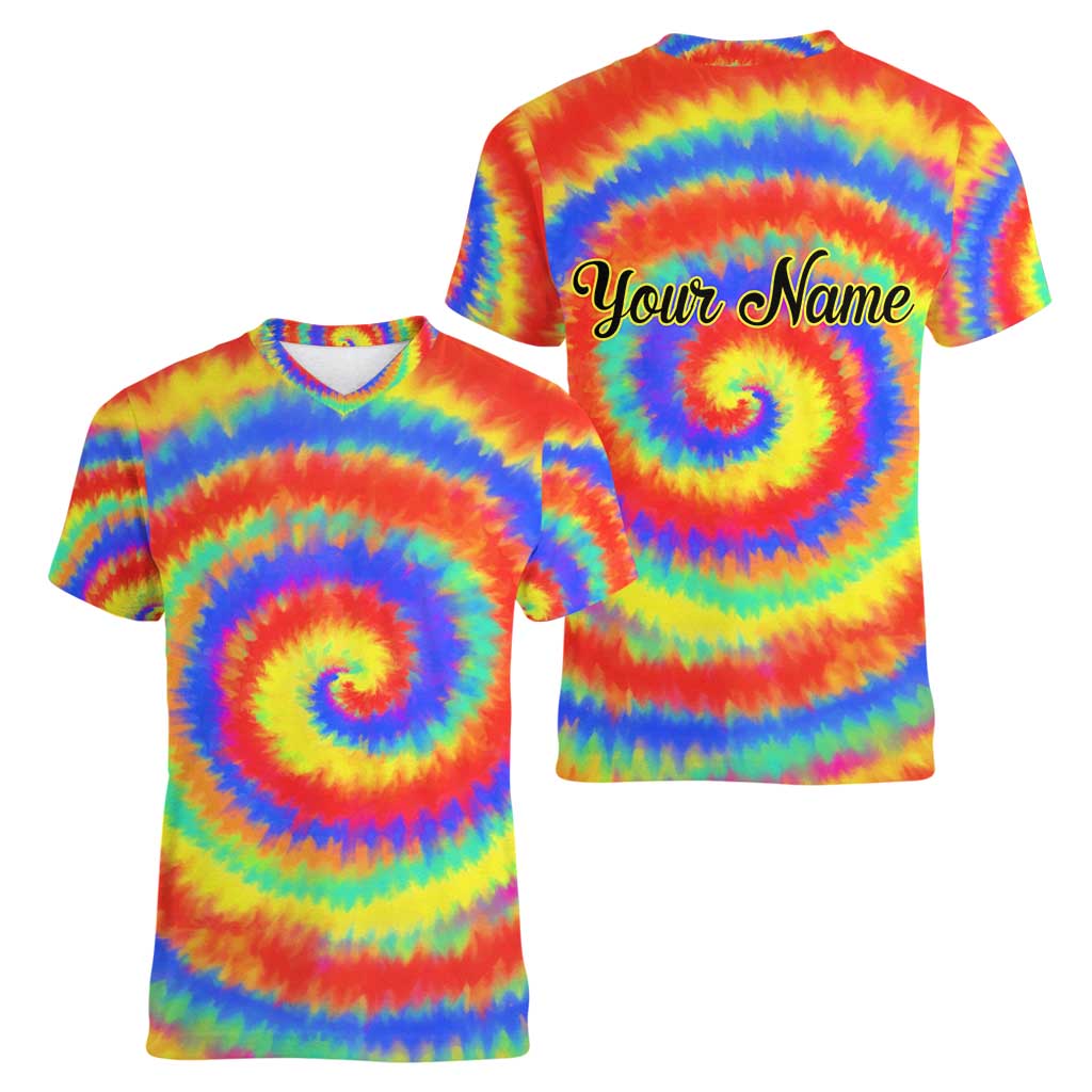 Colorful Tie Dye Spiral Goft Women V-Neck T-Shirt Custom Name in Retro Psychedelic Style Design - Wonder Print Shop