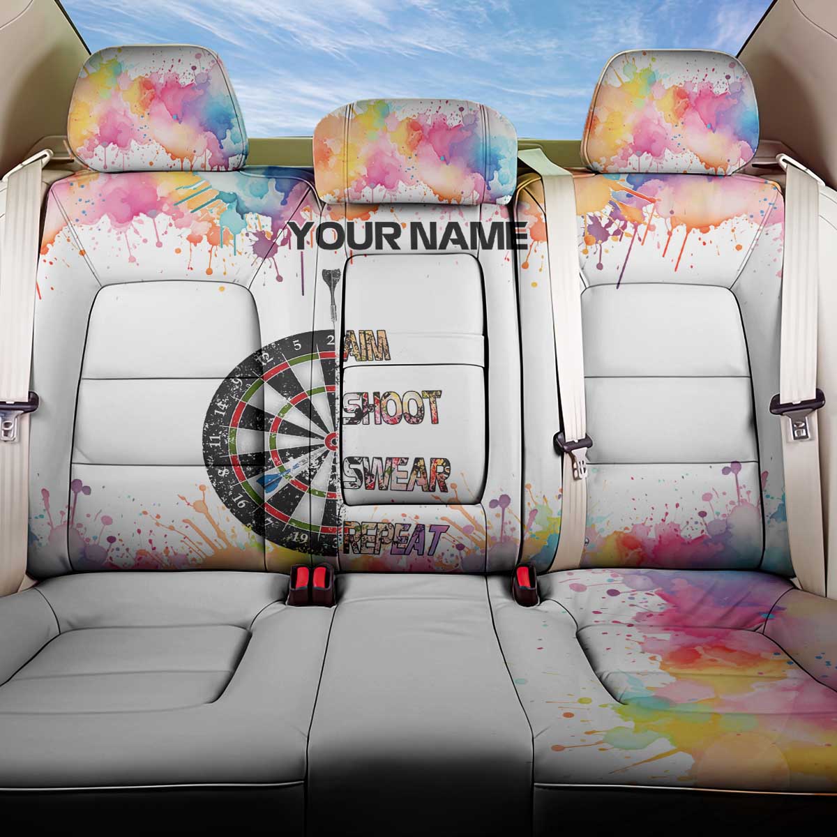 Custom Name Darts Back Car Seat Cover Funny Dartboards Colorful Paint Aim Shoot Swear Repeat - Wonder Print Shop