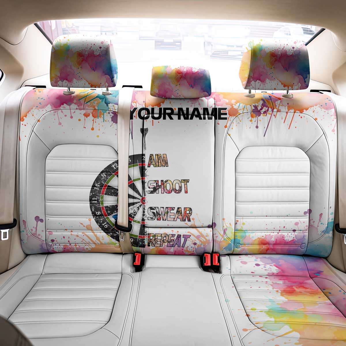 Custom Name Darts Back Car Seat Cover Funny Dartboards Colorful Paint Aim Shoot Swear Repeat - Wonder Print Shop