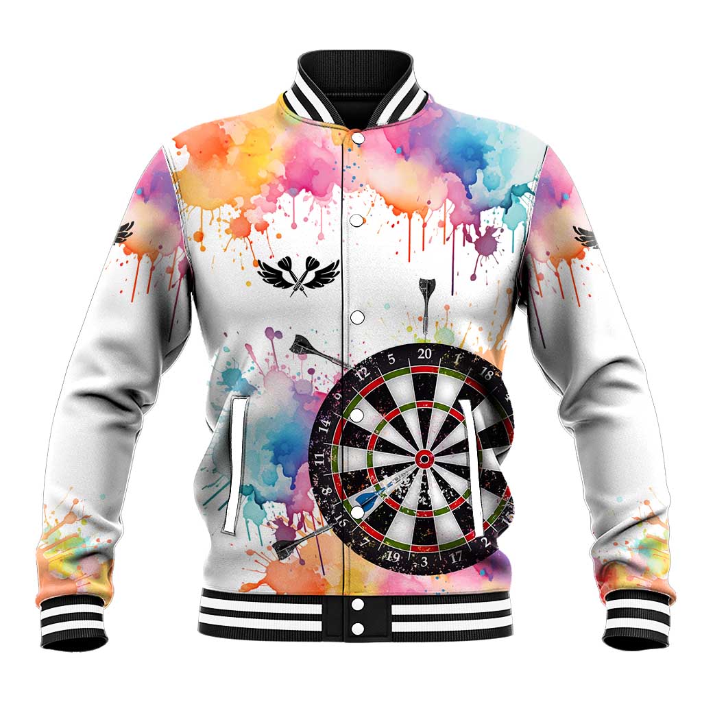 Custom Name Darts Baseball Jacket Funny Dartboards Colorful Paint Aim Shoot Swear Repeat - Wonder Print Shop