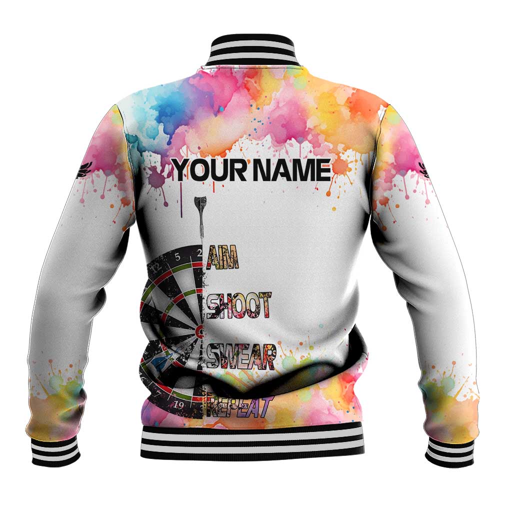 Custom Name Darts Baseball Jacket Funny Dartboards Colorful Paint Aim Shoot Swear Repeat - Wonder Print Shop