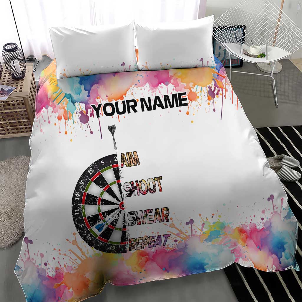 Custom Name Darts Bedding Set Funny Dartboards Colorful Paint Aim Shoot Swear Repeat - Wonder Print Shop