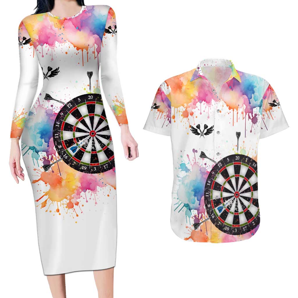 Custom Name Darts Couples Matching Long Sleeve Bodycon Dress and Hawaiian Shirt Funny Dartboards Colorful Paint Aim Shoot Swear Repeat - Wonder Print Shop