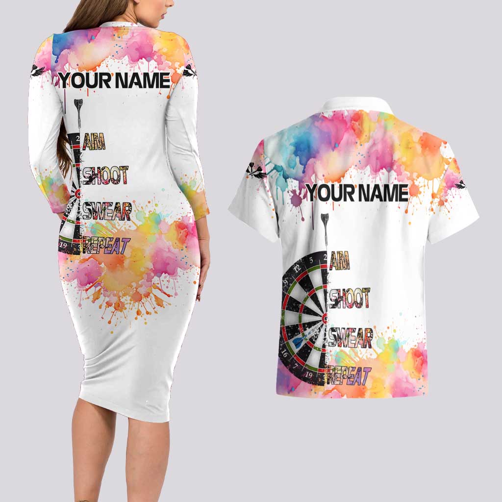 Custom Name Darts Couples Matching Long Sleeve Bodycon Dress and Hawaiian Shirt Funny Dartboards Colorful Paint Aim Shoot Swear Repeat - Wonder Print Shop