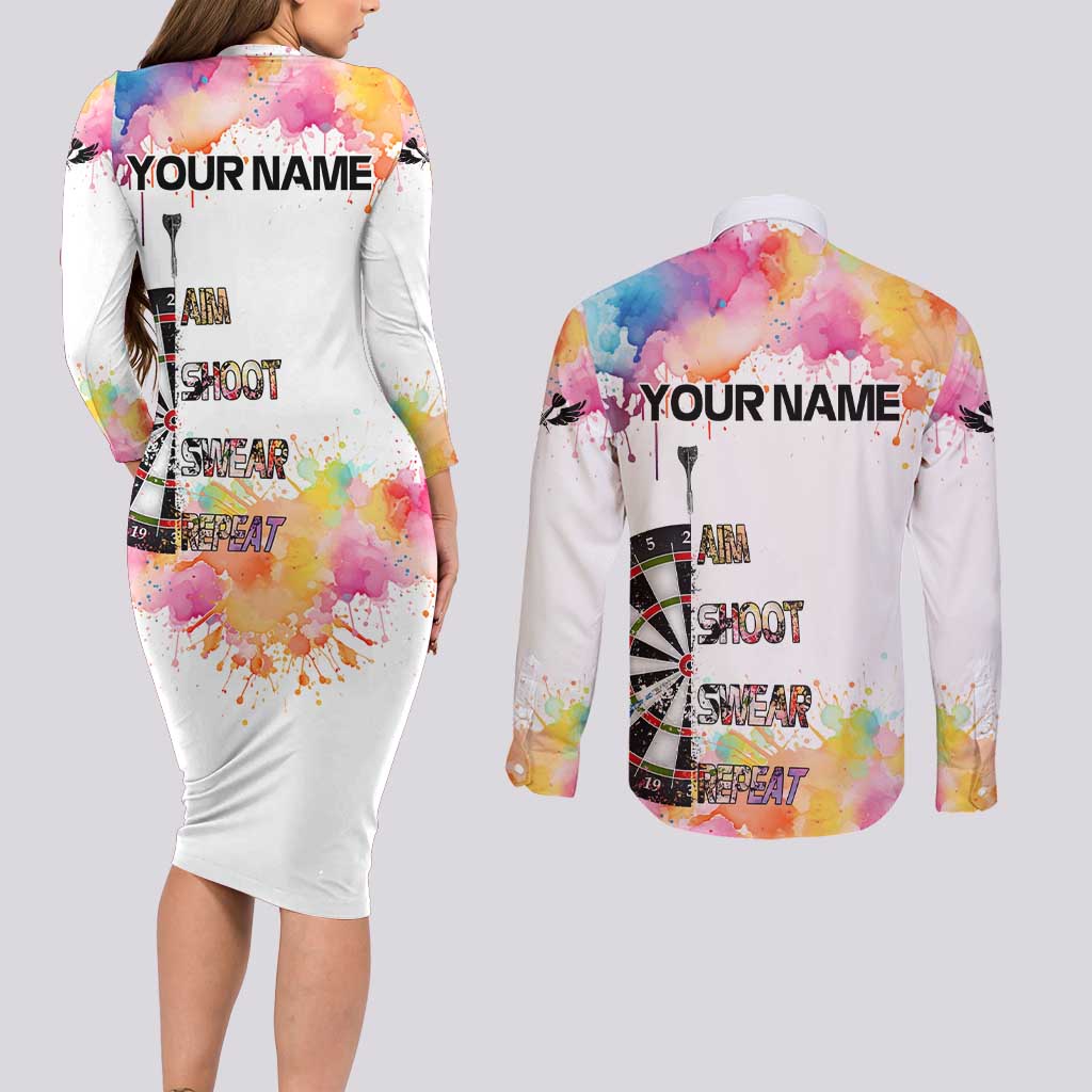 Custom Name Darts Couples Matching Long Sleeve Bodycon Dress and Long Sleeve Button Shirt Funny Dartboards Colorful Paint Aim Shoot Swear Repeat - Wonder Print Shop