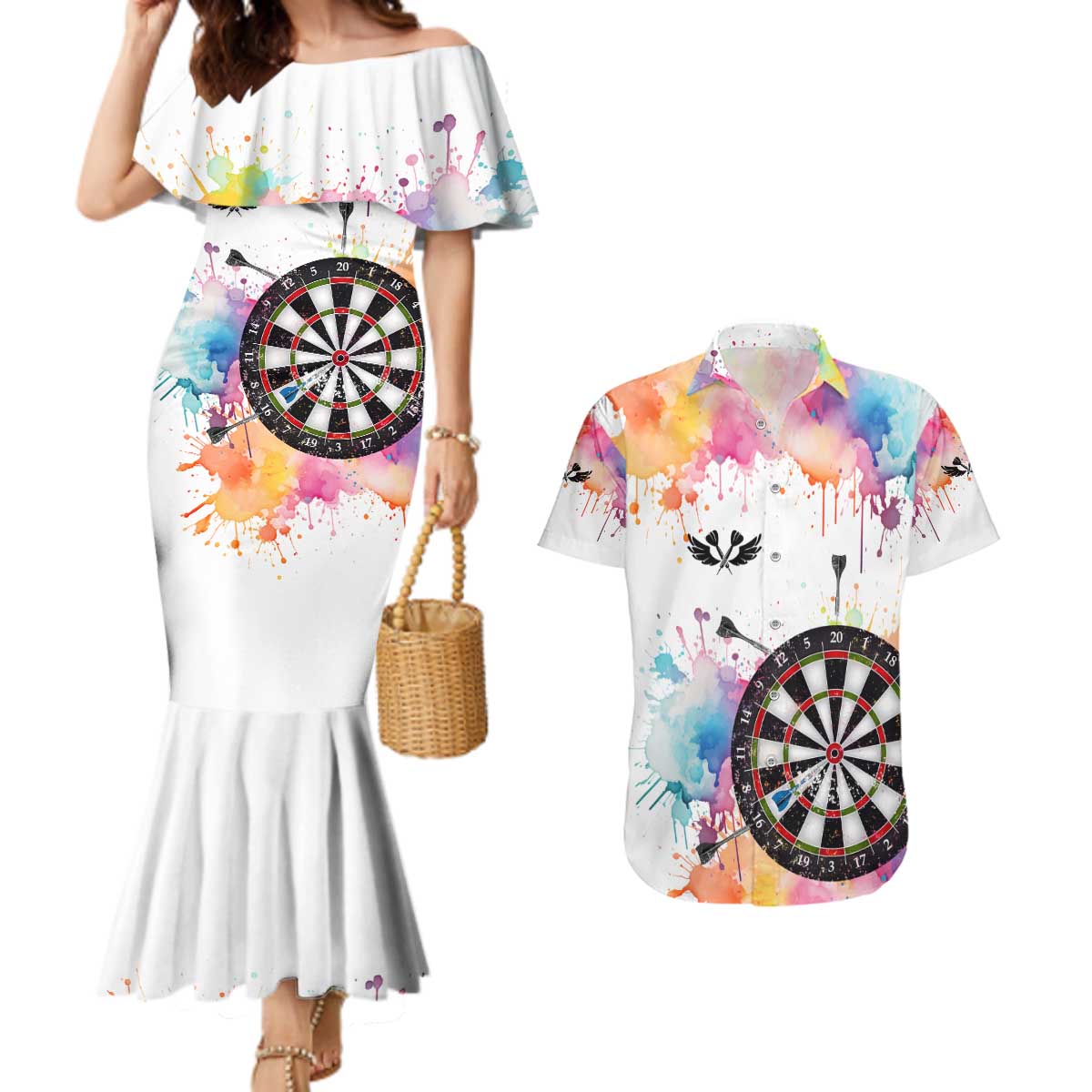 Custom Name Darts Couples Matching Mermaid Dress and Hawaiian Shirt Funny Dartboards Colorful Paint Aim Shoot Swear Repeat - Wonder Print Shop