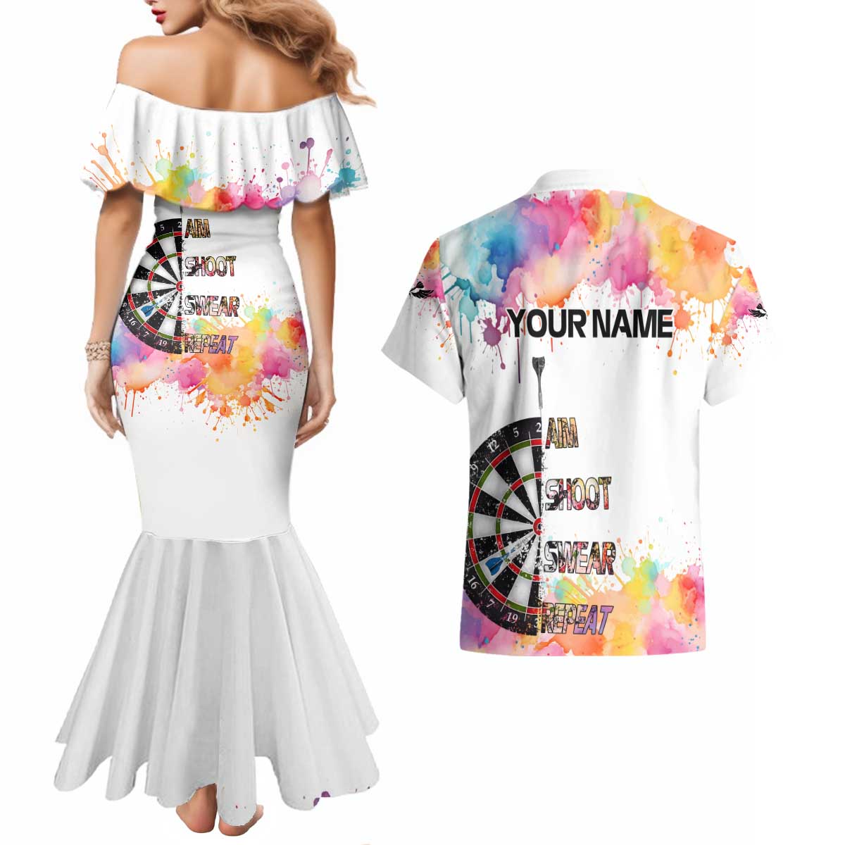 Custom Name Darts Couples Matching Mermaid Dress and Hawaiian Shirt Funny Dartboards Colorful Paint Aim Shoot Swear Repeat - Wonder Print Shop
