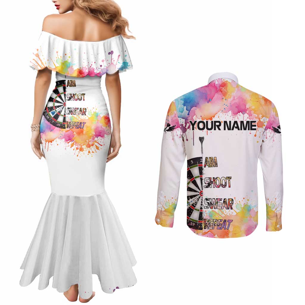Custom Name Darts Couples Matching Mermaid Dress and Long Sleeve Button Shirt Funny Dartboards Colorful Paint Aim Shoot Swear Repeat - Wonder Print Shop