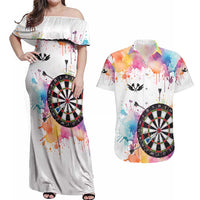 Custom Name Darts Couples Matching Off Shoulder Maxi Dress and Hawaiian Shirt Funny Dartboards Colorful Paint Aim Shoot Swear Repeat - Wonder Print Shop
