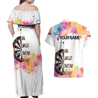 Custom Name Darts Couples Matching Off Shoulder Maxi Dress and Hawaiian Shirt Funny Dartboards Colorful Paint Aim Shoot Swear Repeat - Wonder Print Shop
