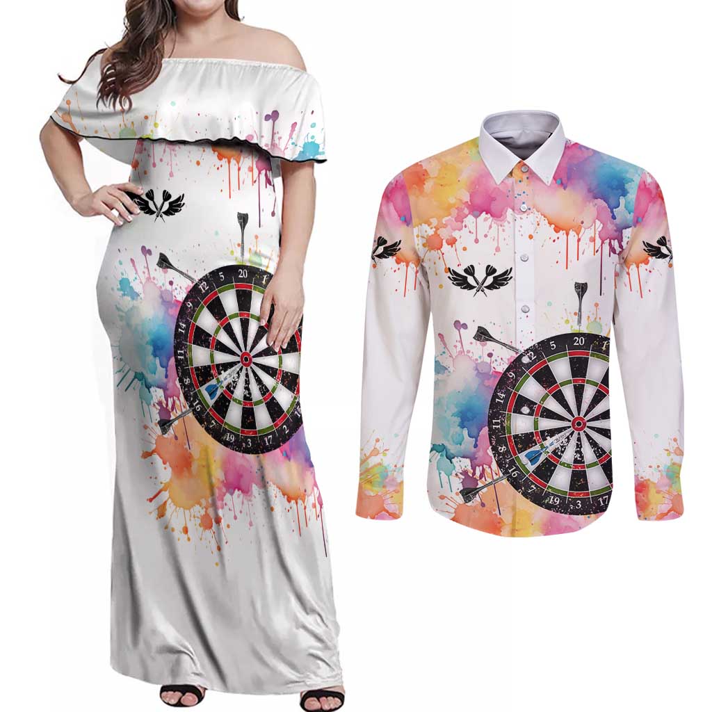 Custom Name Darts Couples Matching Off Shoulder Maxi Dress and Long Sleeve Button Shirt Funny Dartboards Colorful Paint Aim Shoot Swear Repeat - Wonder Print Shop