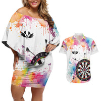 Custom Name Darts Couples Matching Off Shoulder Short Dress and Hawaiian Shirt Funny Dartboards Colorful Paint Aim Shoot Swear Repeat - Wonder Print Shop