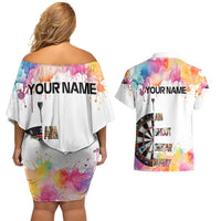 Custom Name Darts Couples Matching Off Shoulder Short Dress and Hawaiian Shirt Funny Dartboards Colorful Paint Aim Shoot Swear Repeat - Wonder Print Shop