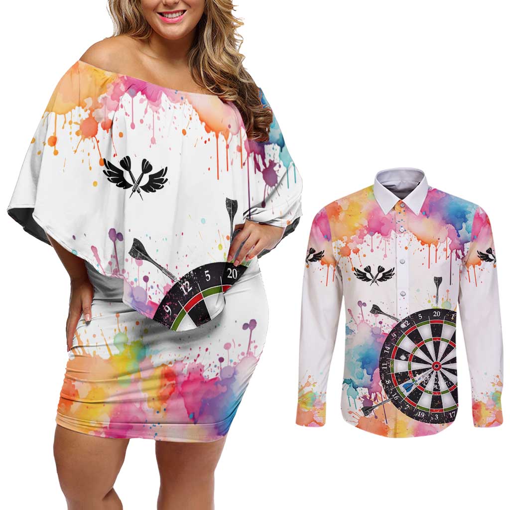 Custom Name Darts Couples Matching Off Shoulder Short Dress and Long Sleeve Button Shirt Funny Dartboards Colorful Paint Aim Shoot Swear Repeat - Wonder Print Shop