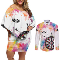 Custom Name Darts Couples Matching Off Shoulder Short Dress and Long Sleeve Button Shirt Funny Dartboards Colorful Paint Aim Shoot Swear Repeat - Wonder Print Shop