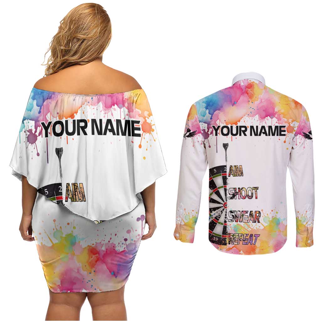 Custom Name Darts Couples Matching Off Shoulder Short Dress and Long Sleeve Button Shirt Funny Dartboards Colorful Paint Aim Shoot Swear Repeat - Wonder Print Shop
