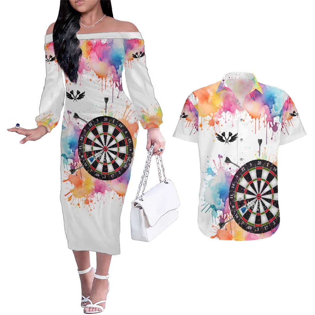 Custom Name Darts Couples Matching Off The Shoulder Long Sleeve Dress and Hawaiian Shirt Funny Dartboards Colorful Paint Aim Shoot Swear Repeat - Wonder Print Shop