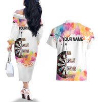 Custom Name Darts Couples Matching Off The Shoulder Long Sleeve Dress and Hawaiian Shirt Funny Dartboards Colorful Paint Aim Shoot Swear Repeat - Wonder Print Shop