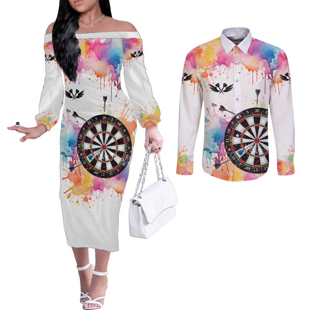 Custom Name Darts Couples Matching Off The Shoulder Long Sleeve Dress and Long Sleeve Button Shirt Funny Dartboards Colorful Paint Aim Shoot Swear Repeat - Wonder Print Shop
