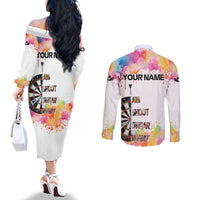 Custom Name Darts Couples Matching Off The Shoulder Long Sleeve Dress and Long Sleeve Button Shirt Funny Dartboards Colorful Paint Aim Shoot Swear Repeat - Wonder Print Shop