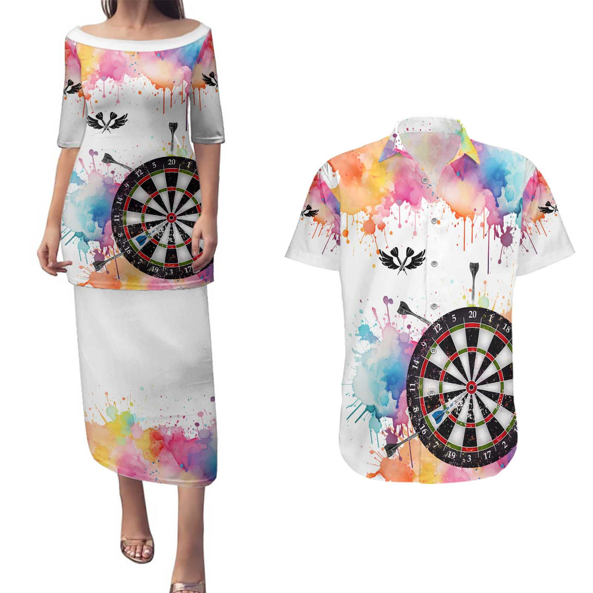 Custom Name Darts Couples Matching Puletasi and Hawaiian Shirt Funny Dartboards Colorful Paint Aim Shoot Swear Repeat - Wonder Print Shop