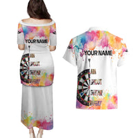 Custom Name Darts Couples Matching Puletasi and Hawaiian Shirt Funny Dartboards Colorful Paint Aim Shoot Swear Repeat - Wonder Print Shop