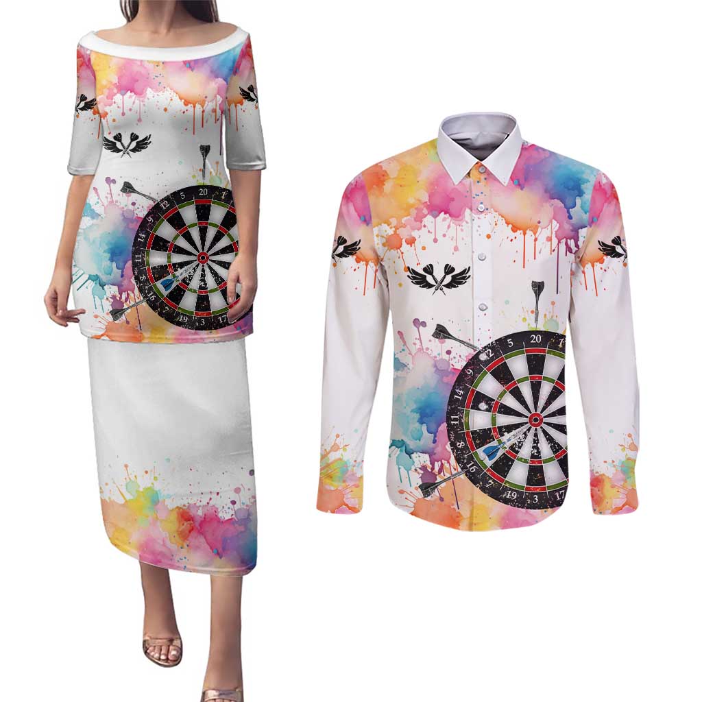 Custom Name Darts Couples Matching Puletasi and Long Sleeve Button Shirt Funny Dartboards Colorful Paint Aim Shoot Swear Repeat - Wonder Print Shop