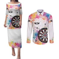 Custom Name Darts Couples Matching Puletasi and Long Sleeve Button Shirt Funny Dartboards Colorful Paint Aim Shoot Swear Repeat - Wonder Print Shop