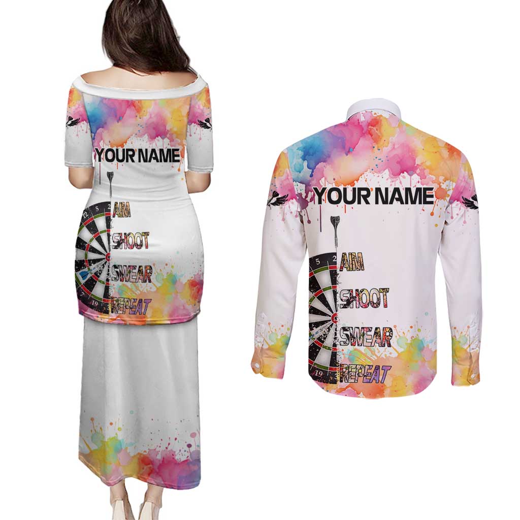 Custom Name Darts Couples Matching Puletasi and Long Sleeve Button Shirt Funny Dartboards Colorful Paint Aim Shoot Swear Repeat - Wonder Print Shop