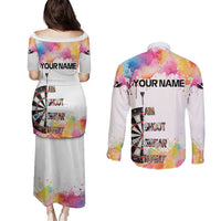 Custom Name Darts Couples Matching Puletasi and Long Sleeve Button Shirt Funny Dartboards Colorful Paint Aim Shoot Swear Repeat - Wonder Print Shop