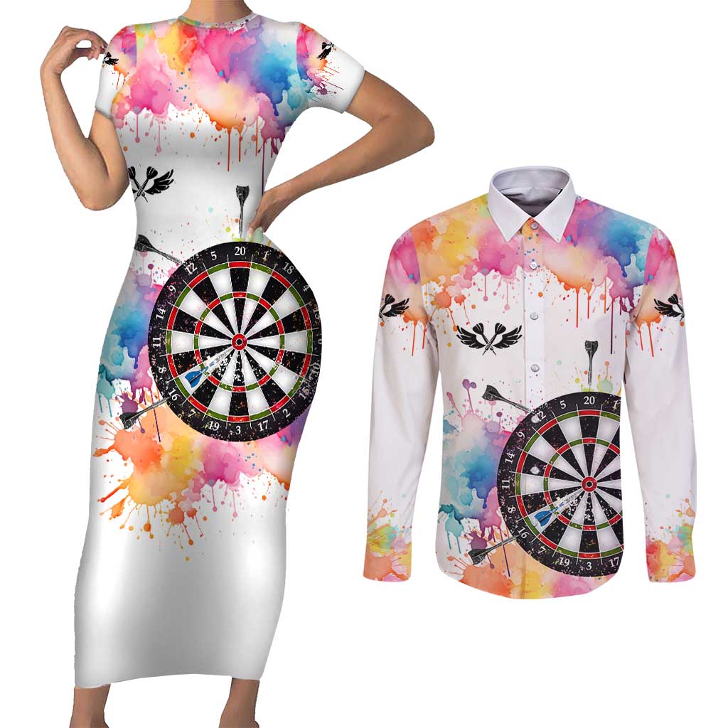 Custom Name Darts Couples Matching Short Sleeve Bodycon Dress and Long Sleeve Button Shirt Funny Dartboards Colorful Paint Aim Shoot Swear Repeat - Wonder Print Shop