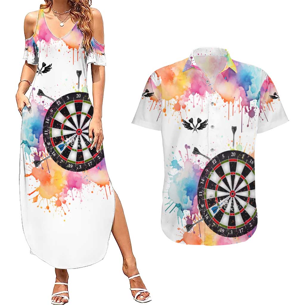 Custom Name Darts Couples Matching Summer Maxi Dress and Hawaiian Shirt Funny Dartboards Colorful Paint Aim Shoot Swear Repeat - Wonder Print Shop