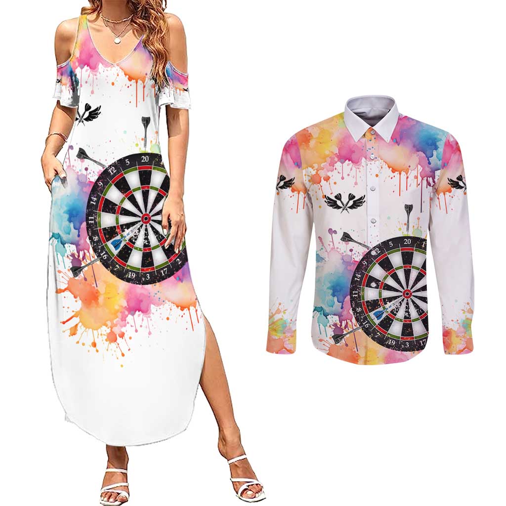 Custom Name Darts Couples Matching Summer Maxi Dress and Long Sleeve Button Shirt Funny Dartboards Colorful Paint Aim Shoot Swear Repeat - Wonder Print Shop