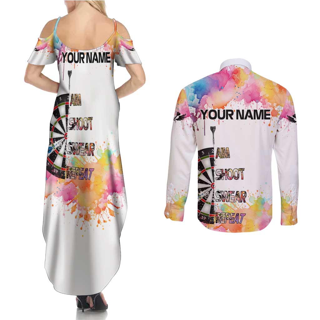 Custom Name Darts Couples Matching Summer Maxi Dress and Long Sleeve Button Shirt Funny Dartboards Colorful Paint Aim Shoot Swear Repeat - Wonder Print Shop