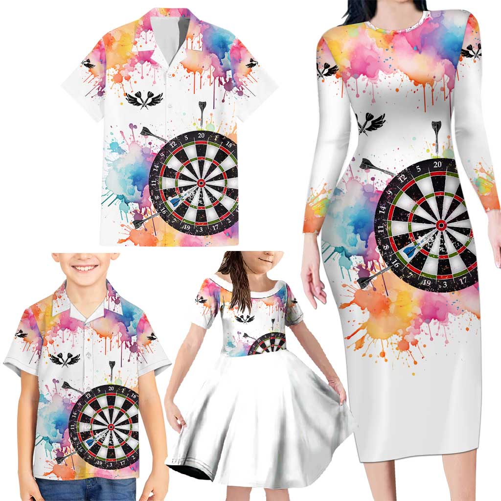 Custom Name Darts Family Matching Long Sleeve Bodycon Dress and Hawaiian Shirt Funny Dartboards Colorful Paint Aim Shoot Swear Repeat - Wonder Print Shop
