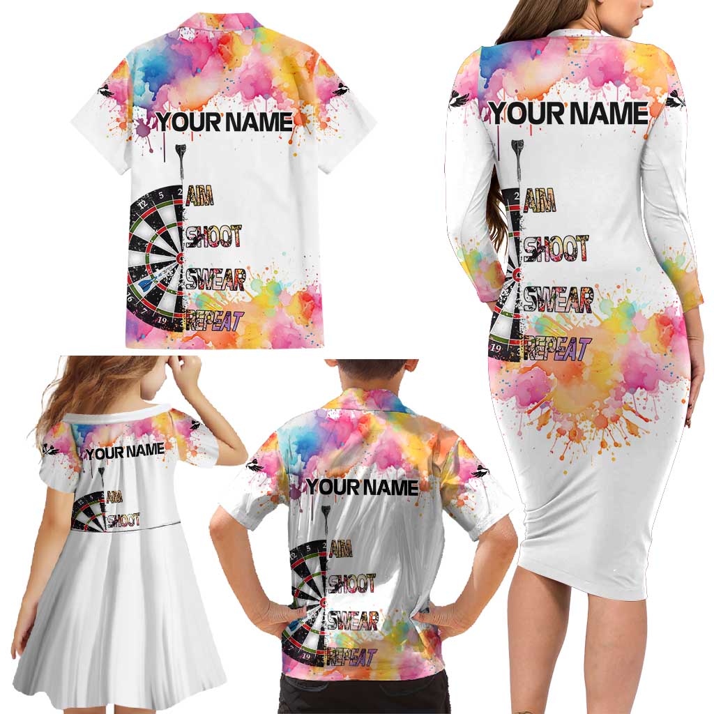 Custom Name Darts Family Matching Long Sleeve Bodycon Dress and Hawaiian Shirt Funny Dartboards Colorful Paint Aim Shoot Swear Repeat - Wonder Print Shop